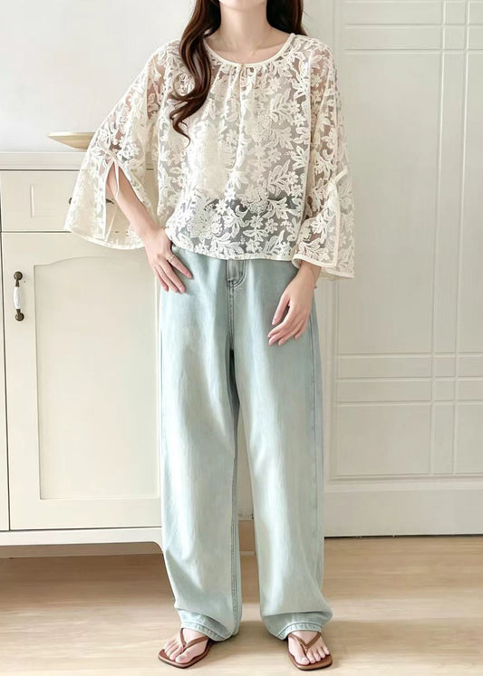 Fine Beige O-Neck Lace UPF 50+ Top Summer