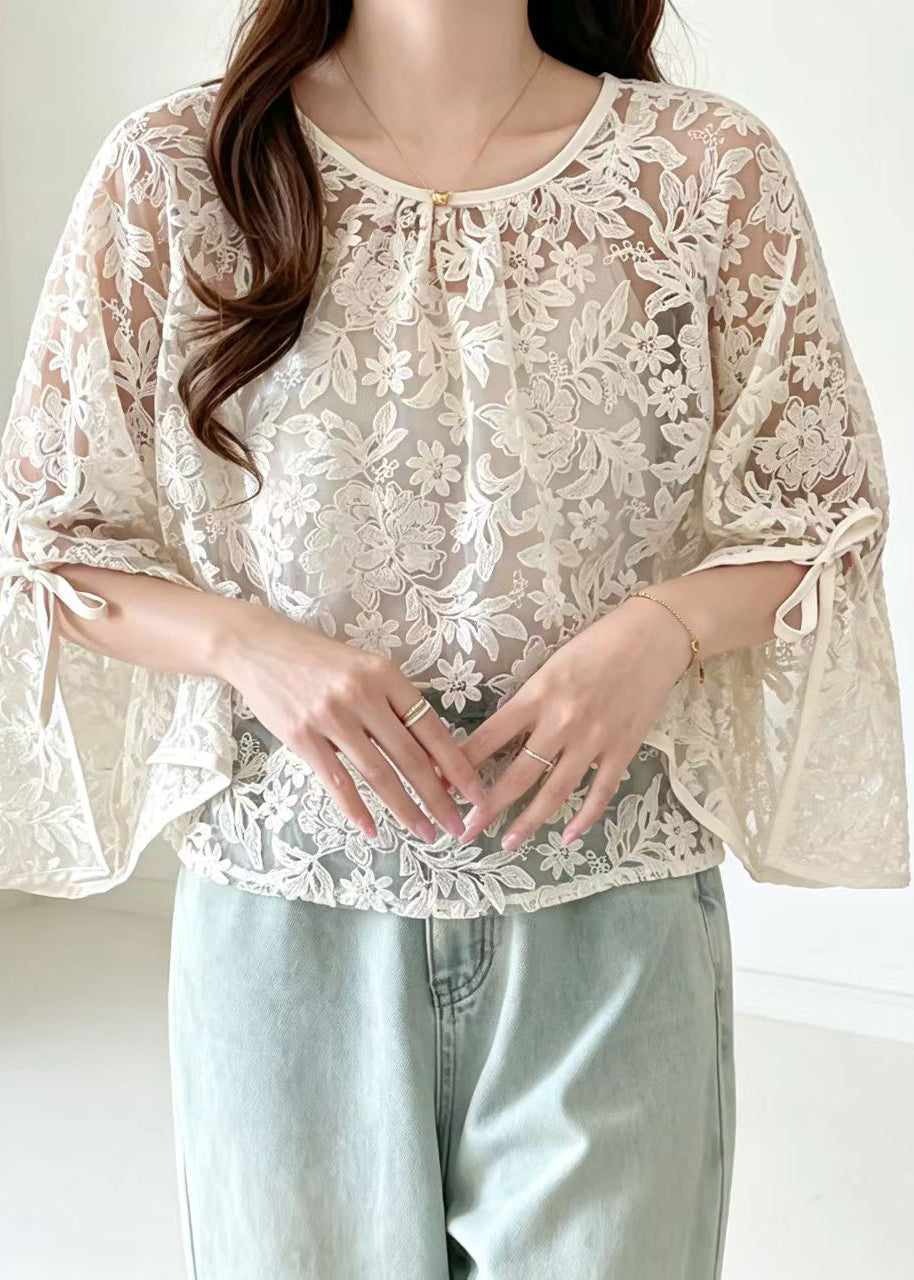 Fine Beige O-Neck Lace UPF 50+ Top Summer
