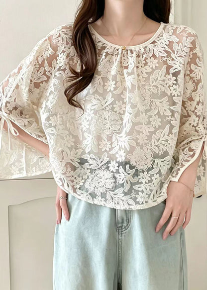 Fine Beige O-Neck Lace UPF 50+ Top Summer