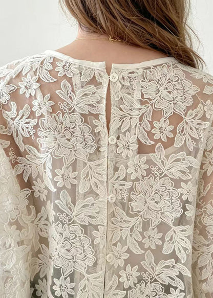 Fine Beige O-Neck Lace UPF 50+ Top Summer
