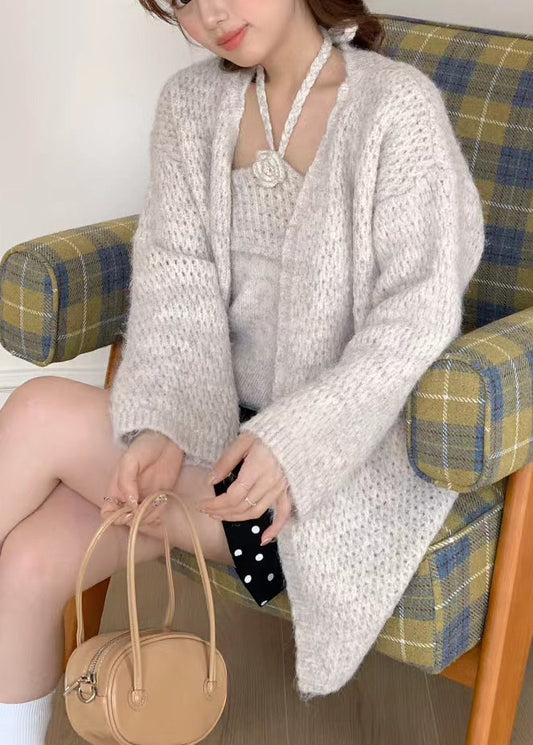 Fine Beige Oversized Floral Knit Halter Two Pieces Set Winter