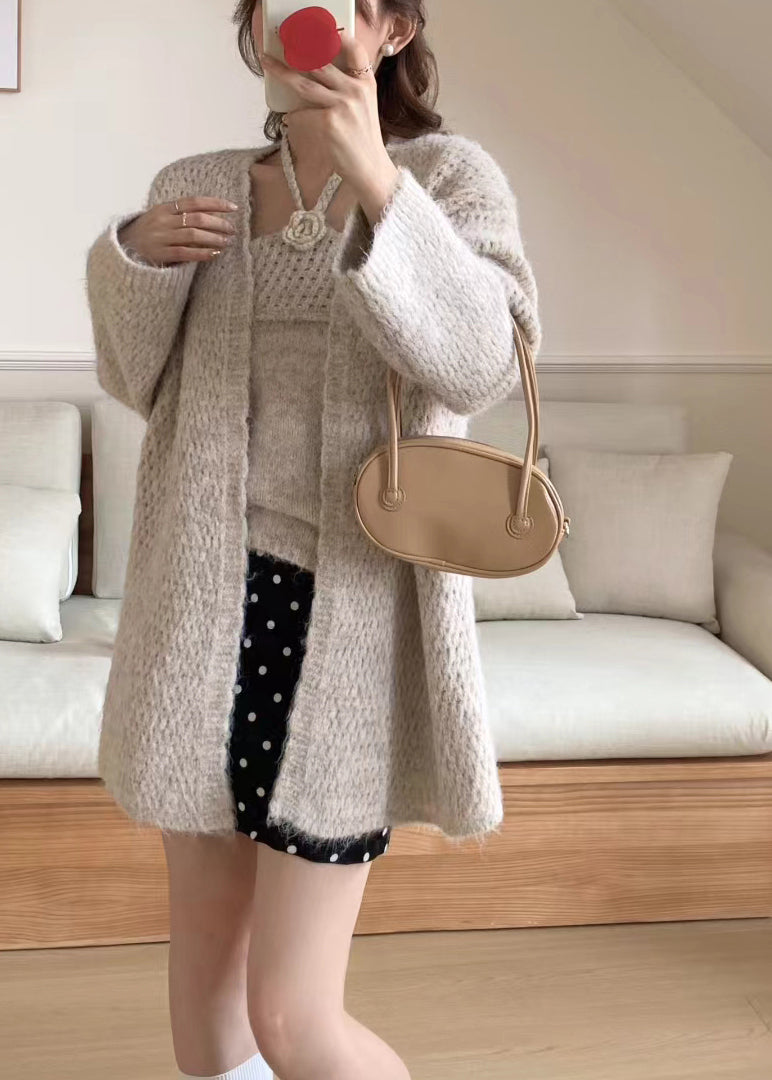 Fine Beige Oversized Floral Knit Halter Two Pieces Set Winter
