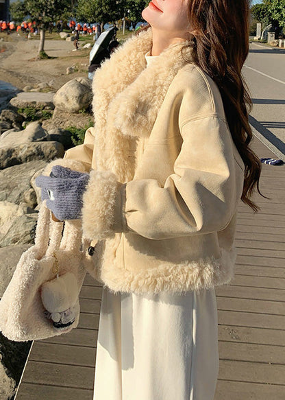 Feine beige Oversize-Mäntel aus Patchwork-Fleece mit Wollfutter für den Winter