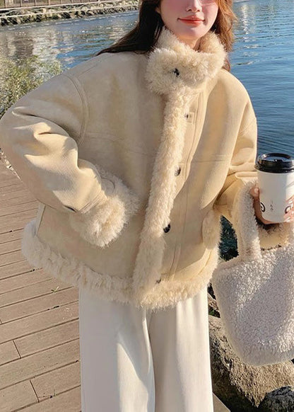 Feine beige Oversize-Mäntel aus Patchwork-Fleece mit Wollfutter für den Winter