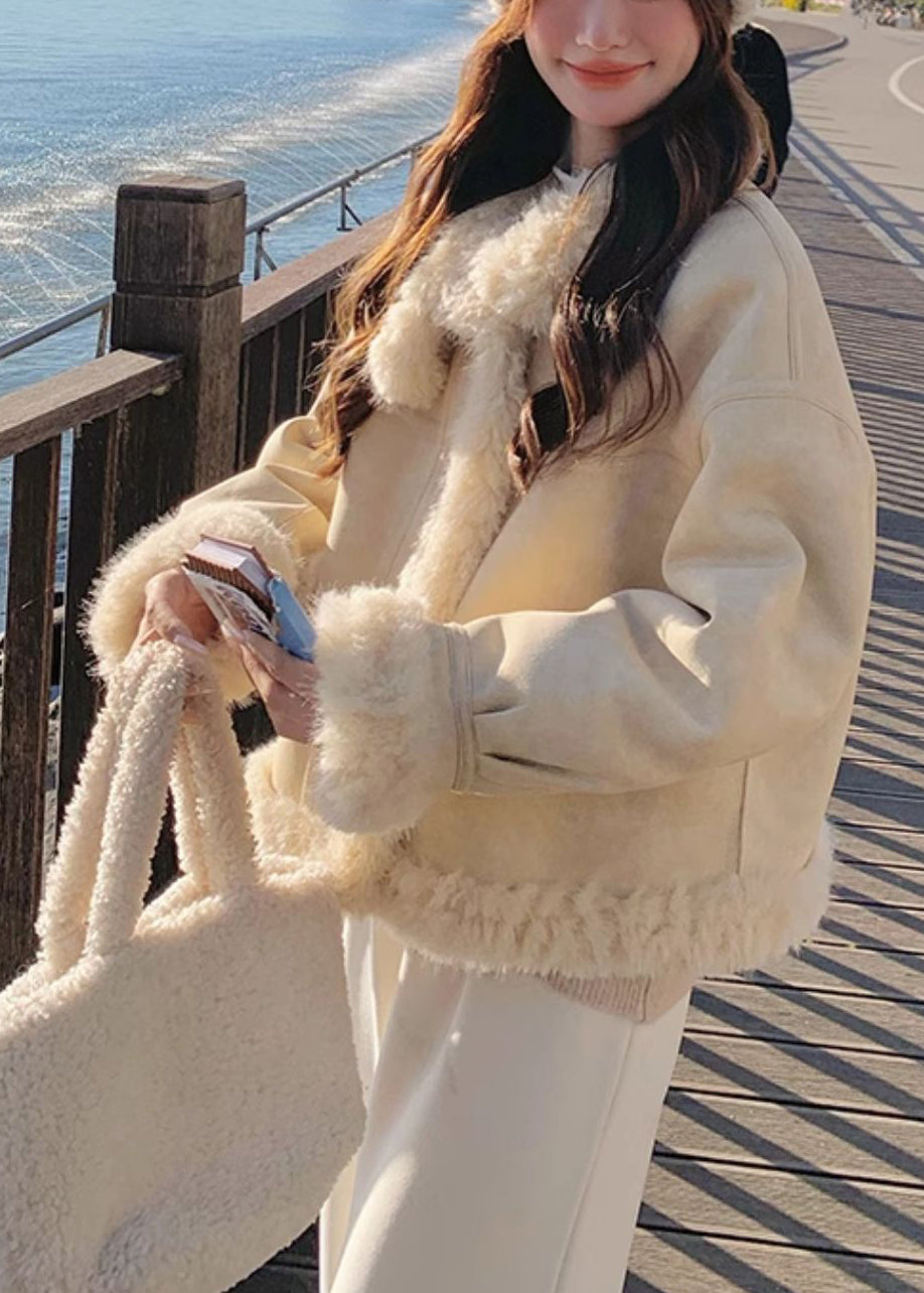 Feine beige Oversize-Mäntel aus Patchwork-Fleece mit Wollfutter für den Winter