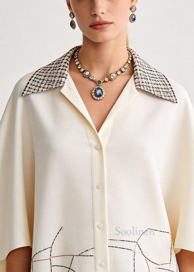 Fine Beige Oversized Print Chiffon Blouse Top Batwing Sleeve