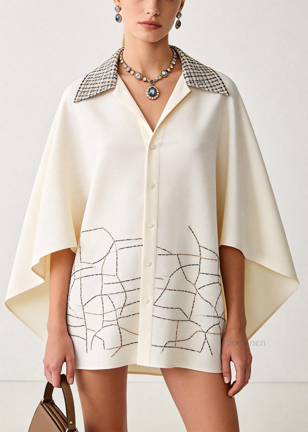 Fine Beige Oversized Print Chiffon Blouse Top Batwing Sleeve