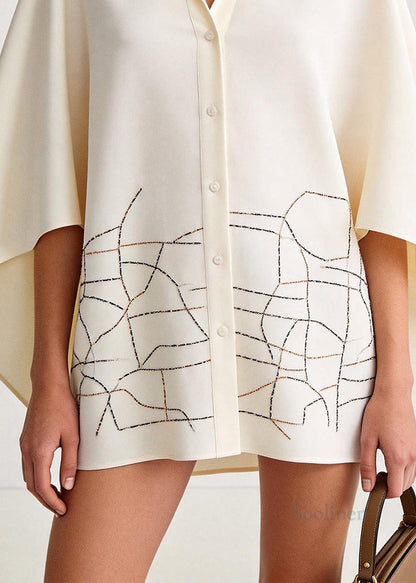 Fine Beige Oversized Print Chiffon Blouse Top Batwing Sleeve