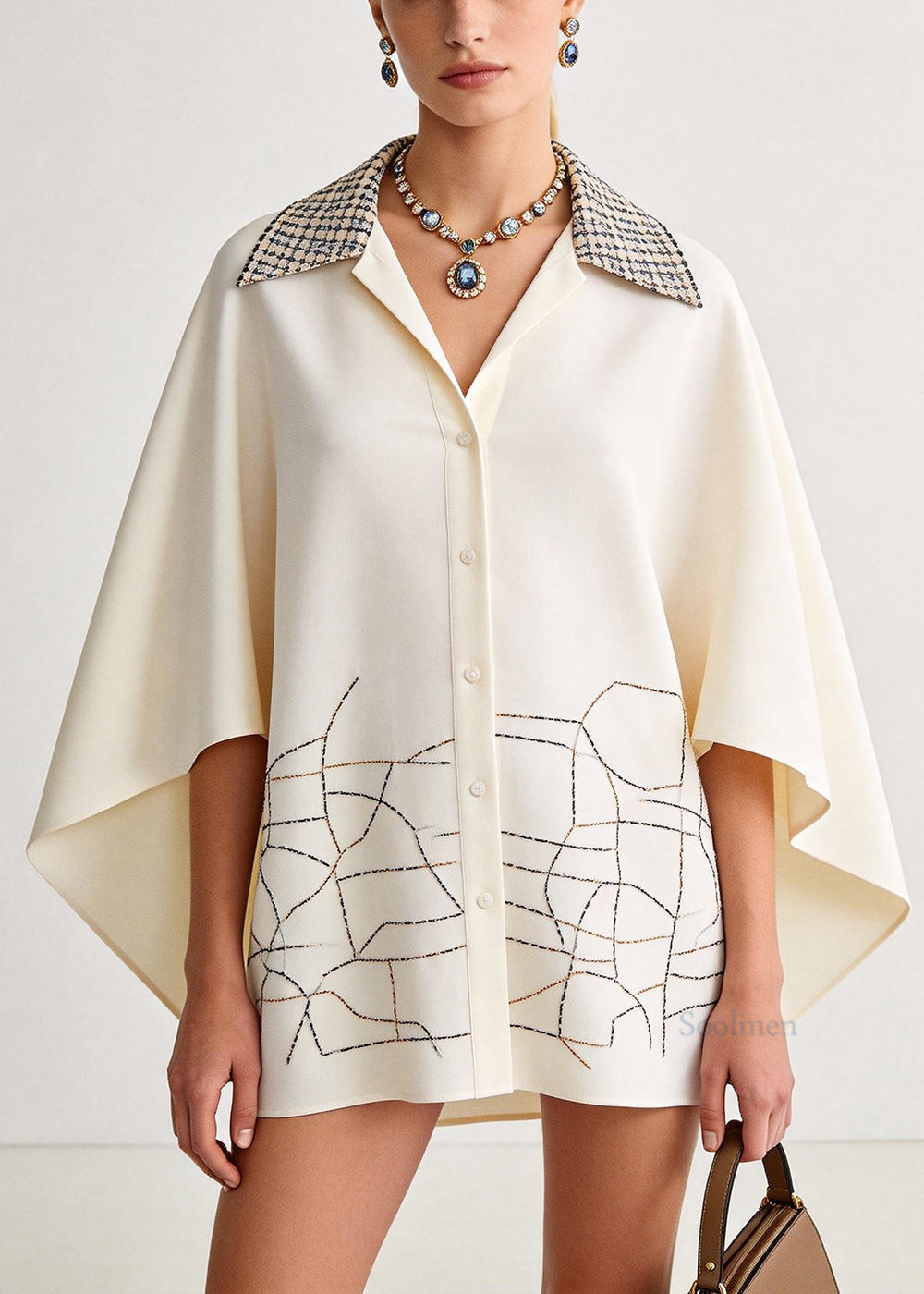 Fine Beige Oversized Print Chiffon Blouse Top Batwing Sleeve