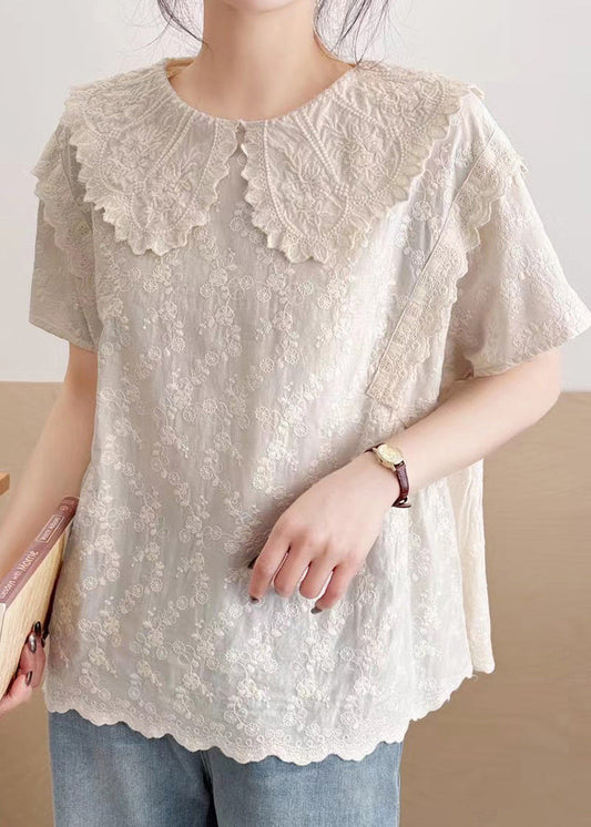 Fine Beige Peter Pan Collar Embroidered Cotton Top Summer