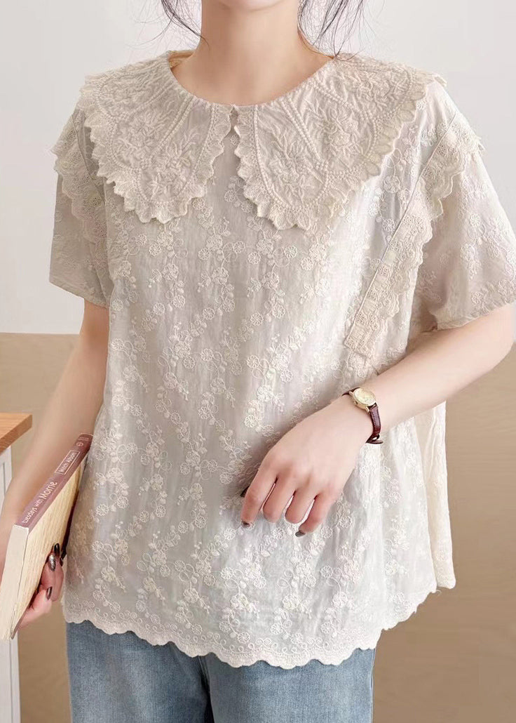 Fine Beige Peter Pan Collar Embroidered Cotton Top Summer