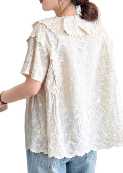 Fine Beige Peter Pan Collar Embroidered Cotton Top Summer