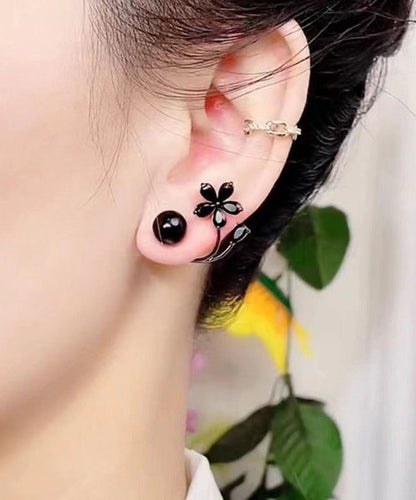Pendientes florales con gemas incrustadas de aleación negra fina