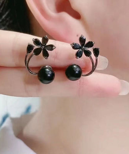 Pendientes florales con gemas incrustadas de aleación negra fina