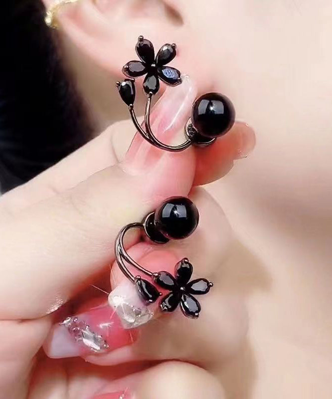 Pendientes florales con gemas incrustadas de aleación negra fina
