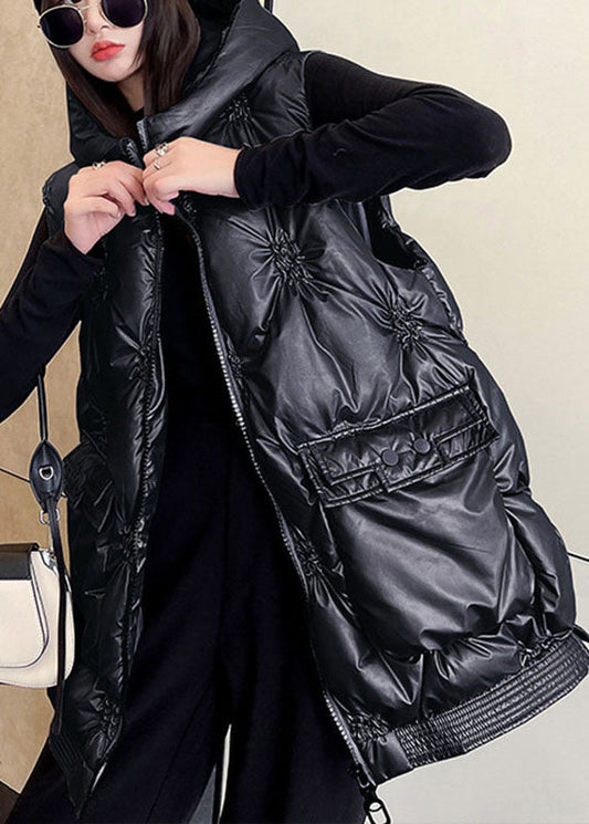 Feine schwarze lässige ärmellose Pufferweste mit Reißverschlusstaschen für den Winter