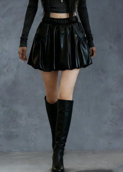 Fine Black Elastic Waist Solid Faux Leather Skirts Spring