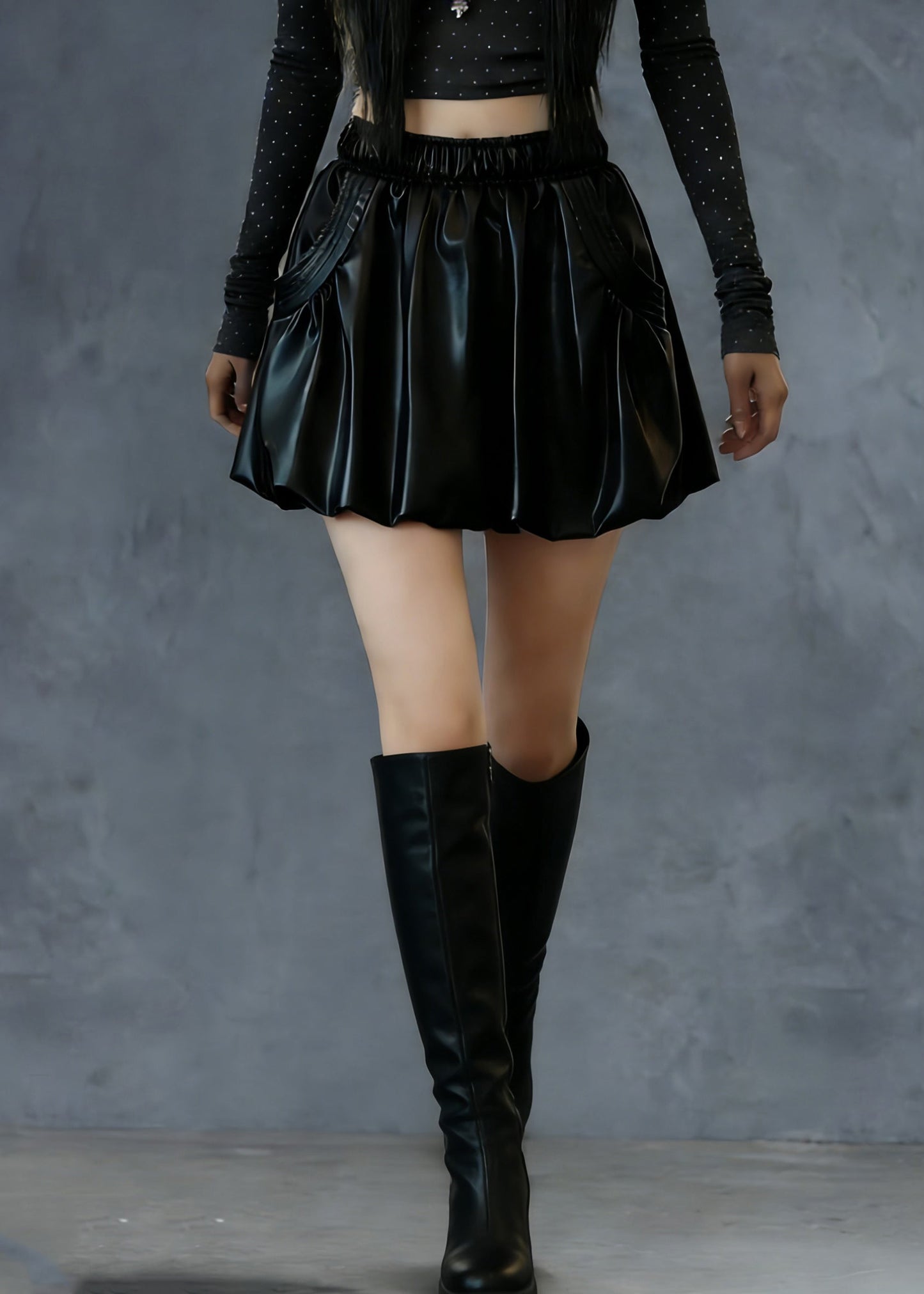 Fine Black Elastic Waist Solid Faux Leather Skirts Spring