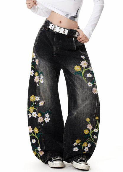 Feine schwarze bestickte High-Waist-Jeans für den Frühling