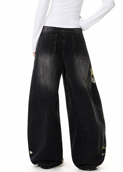 Feine schwarze bestickte High-Waist-Jeans für den Frühling