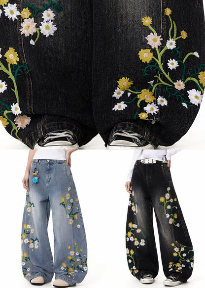 Feine schwarze bestickte High-Waist-Jeans für den Frühling