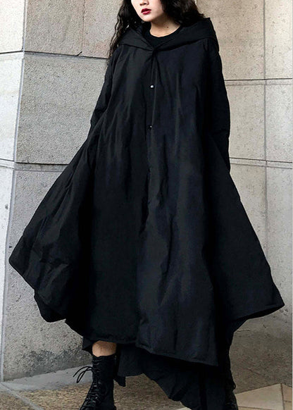 Feiner schwarzer Parka mit Kapuze und Taschen aus feiner Baumwolle