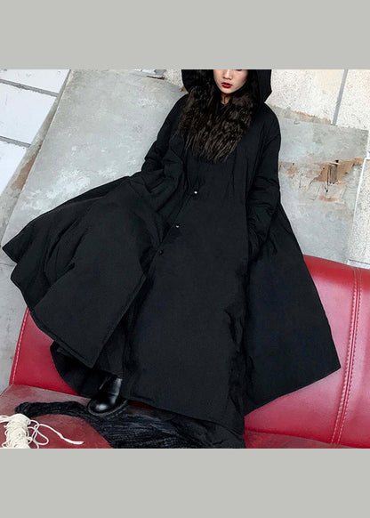 Feiner schwarzer Parka mit Kapuze und Taschen aus feiner Baumwolle