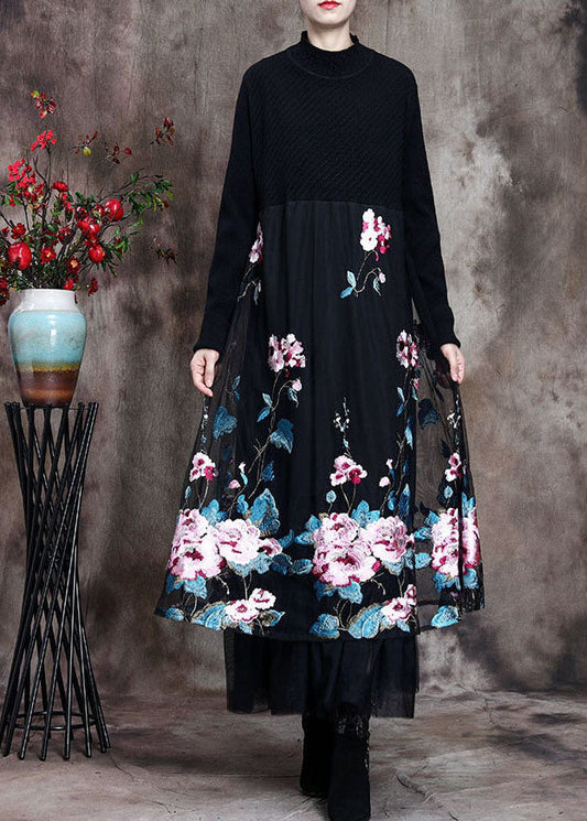 Feine Schwarze Spitze Patchwork Strick Robe Kleider Frühling