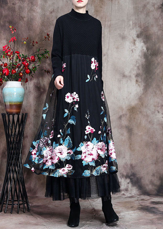 Feine Schwarze Spitze Patchwork Strick Robe Kleider Frühling