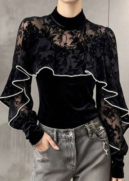 Fine Black Lace Patchwork Silk Velour Top Fall