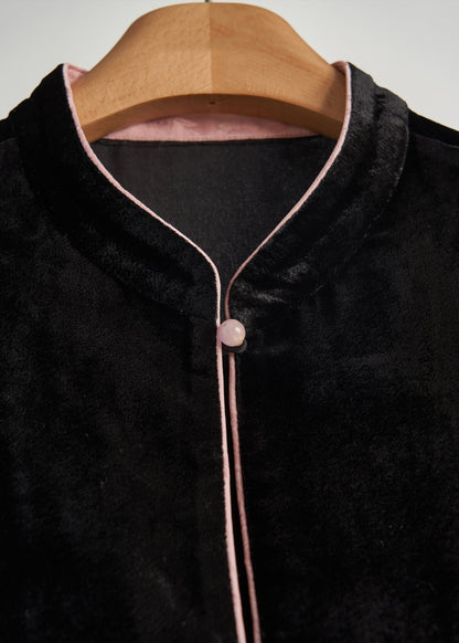 Fine Black Mandarin Collar Patchwork Flower Silk Velour Tops Fall