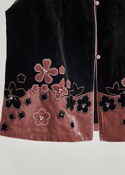 Fine Black Mandarin Collar Patchwork Flower Silk Velour Tops Fall