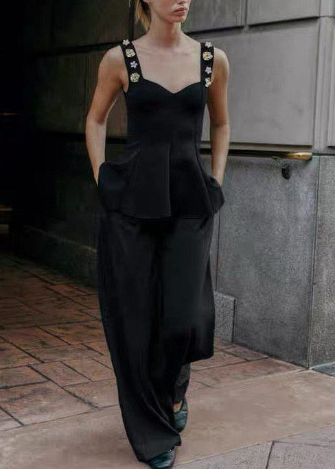 Fine Black Nail Bead Cotton Cami Tops Summer