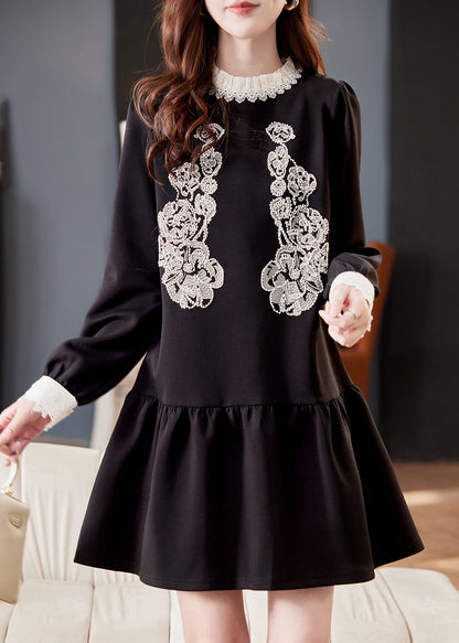 Fine Black O-Neck Patchwork Nail Bead Mid Dresses Puff Sleeve