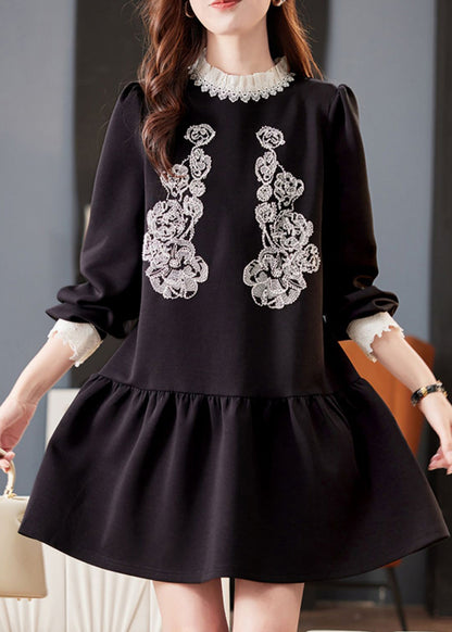Fine Black O-Neck Patchwork Nail Bead Mid Dresses Puff Sleeve