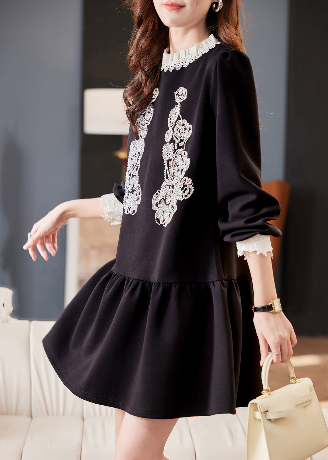 Fine Black O-Neck Patchwork Nail Bead Mid Dresses Puff Sleeve