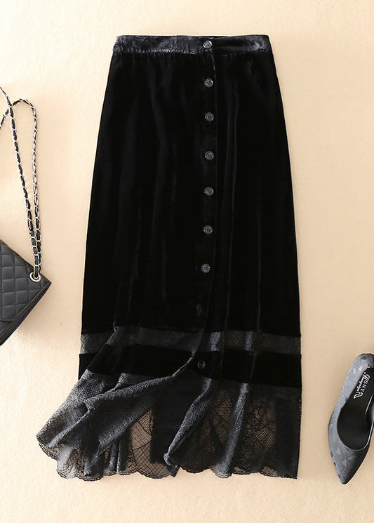 Feine Schwarze Patchwork Knopf Seidenvelours Röcke Frühling
