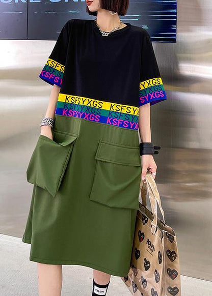 Fine Black Patchwork Green Pockets Holiday Summer Cotton Dress - SooLinen