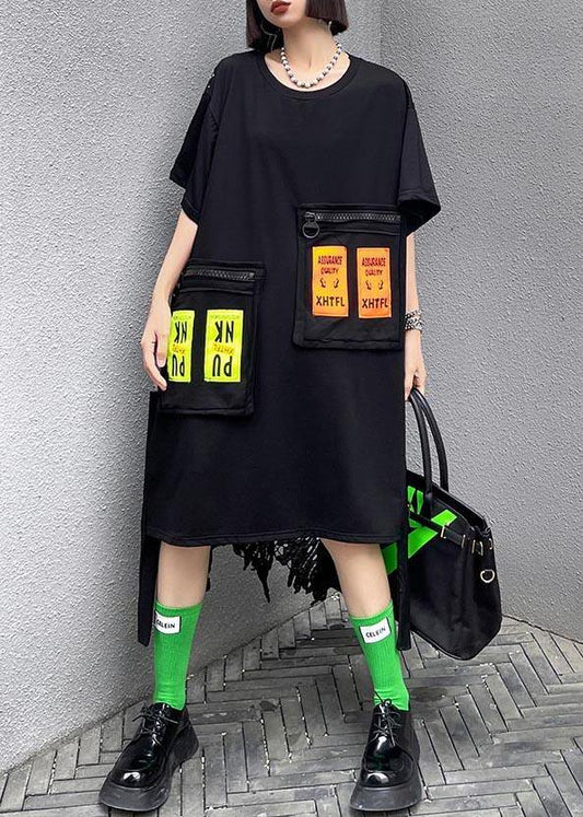 Fine Black Patchwork Lace Pockets Ankle Summer Cotton Dress - SooLinen