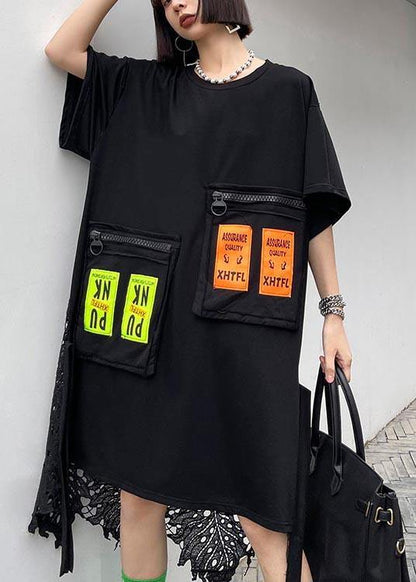 Fine Black Patchwork Lace Pockets Ankle Summer Cotton Dress - SooLinen