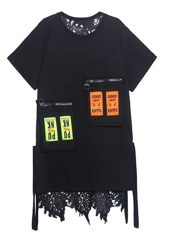 Fine Black Patchwork Lace Pockets Ankle Summer Cotton Dress - SooLinen