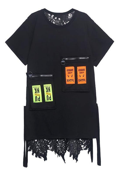 Fine Black Patchwork Lace Pockets Ankle Summer Cotton Dress - SooLinen