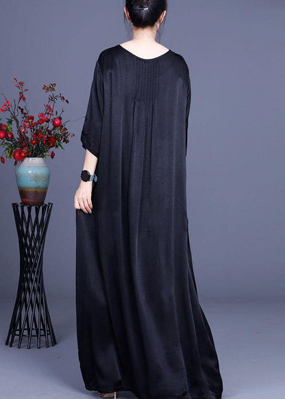 Fine Black Patchwork Print O-Neck Silk Summer Dresses - SooLinen