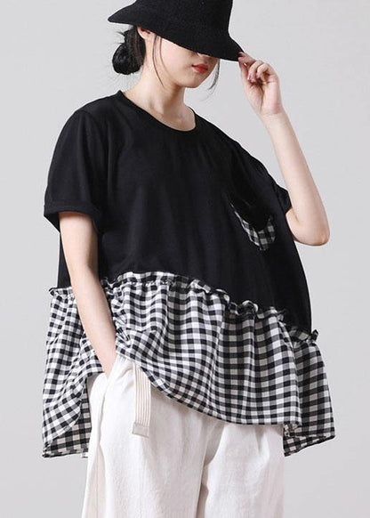 Fine Black Patchwork asymmetrical design Ruffled Cotton Short Sleeve Summer Shirt Top - SooLinen