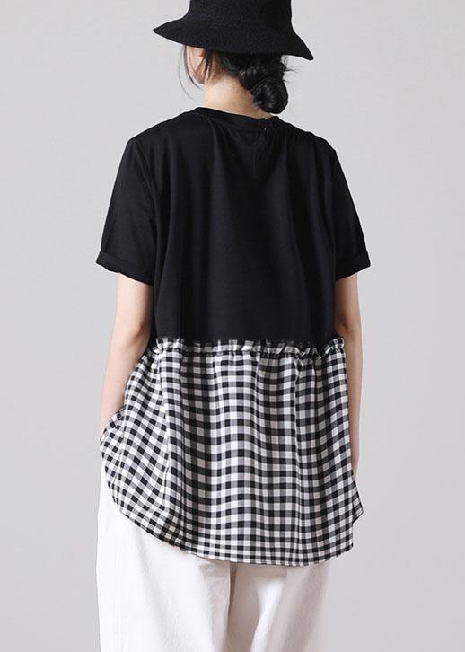 Fine Black Patchwork asymmetrical design Ruffled Cotton Short Sleeve Summer Shirt Top - SooLinen