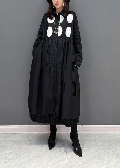 Feine Schwarze Peter Pan Kragen Dot Wrinkled Button Maxi Kleider Herbst