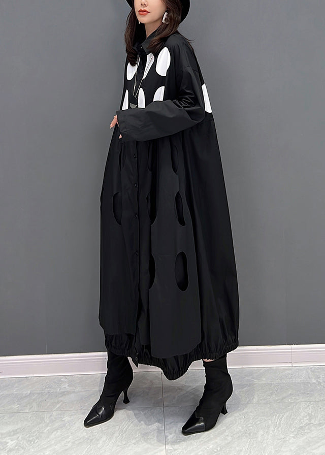 Feine Schwarze Peter Pan Kragen Dot Wrinkled Button Maxi Kleider Herbst