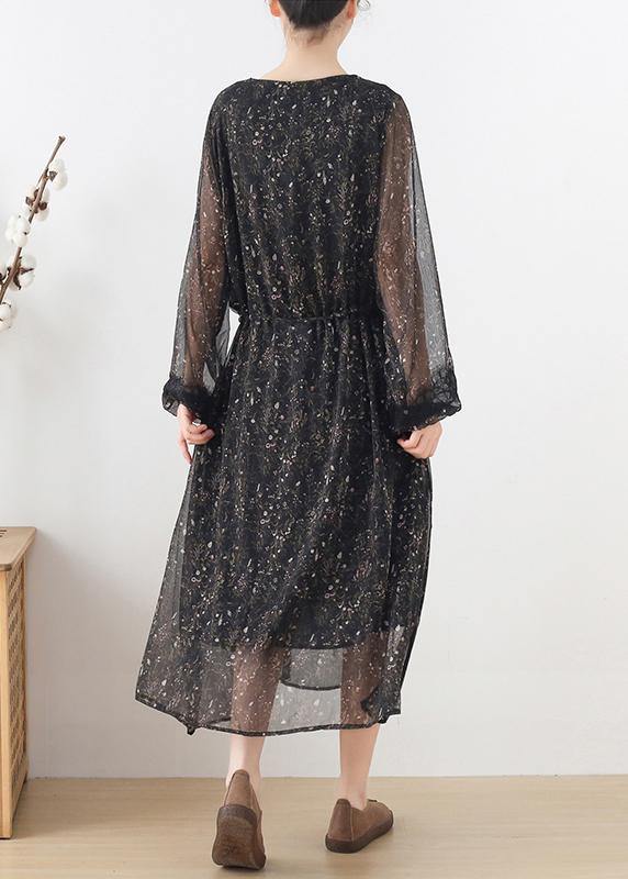 Fine Black Print Chiffon Tie Waist Summer Long Dresses - SooLinen