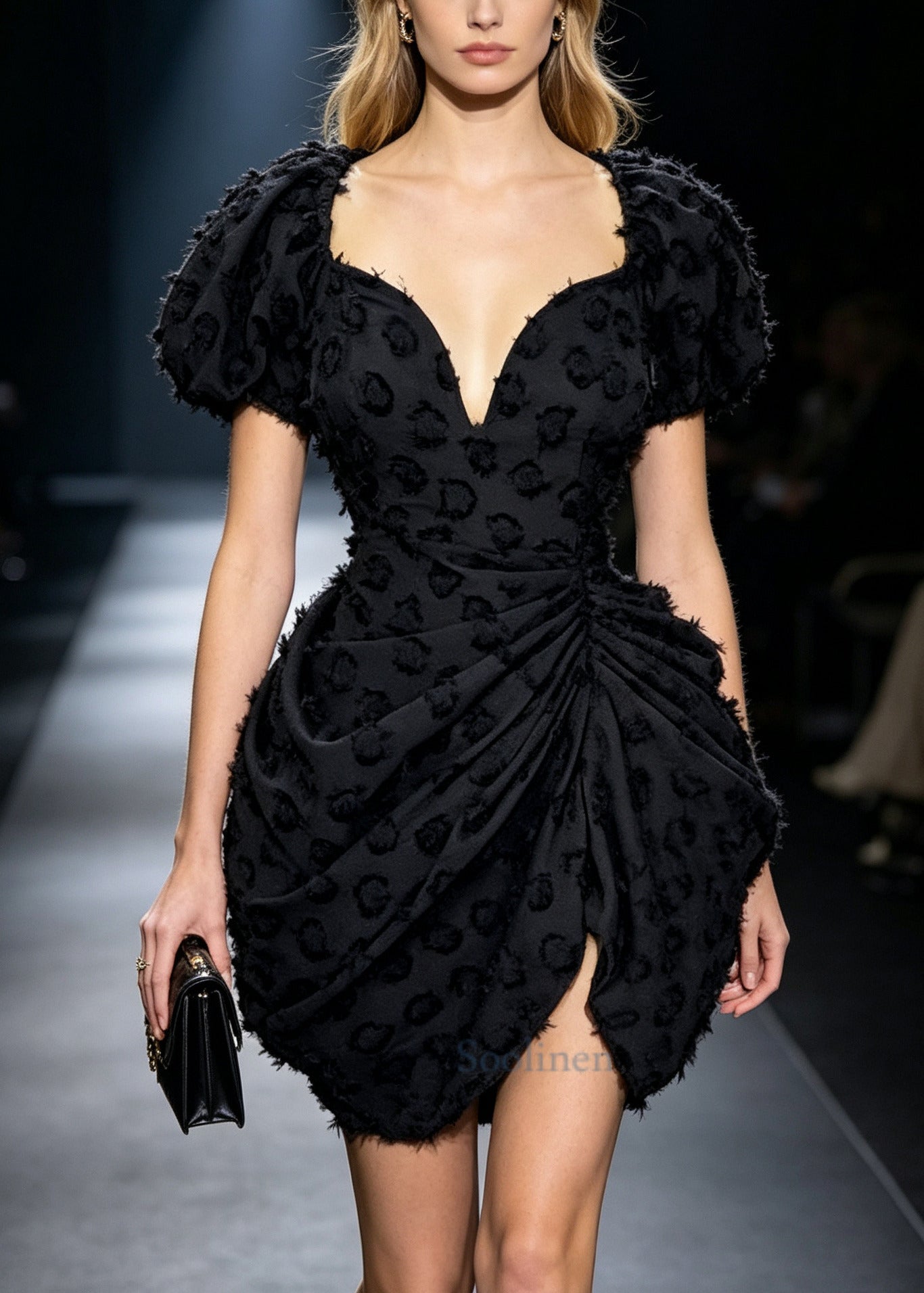 Fine Black Puff Sleeve Eyelash Party Dresses