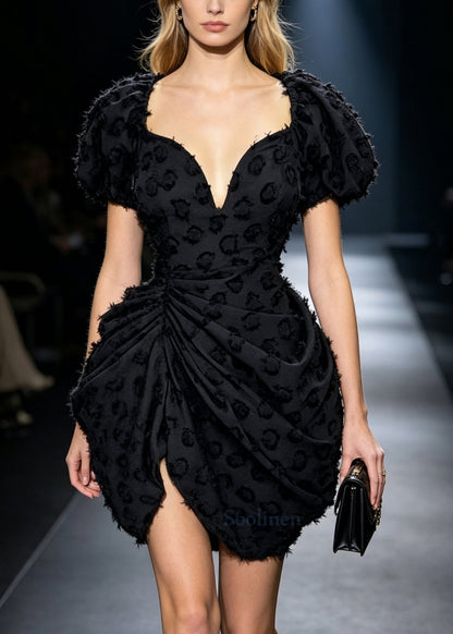 Fine Black Puff Sleeve Eyelash Party Dresses